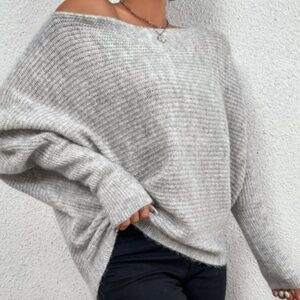 Medium Light Gray Off Shoulder Batwing Sleeve Sweater - SHEIN